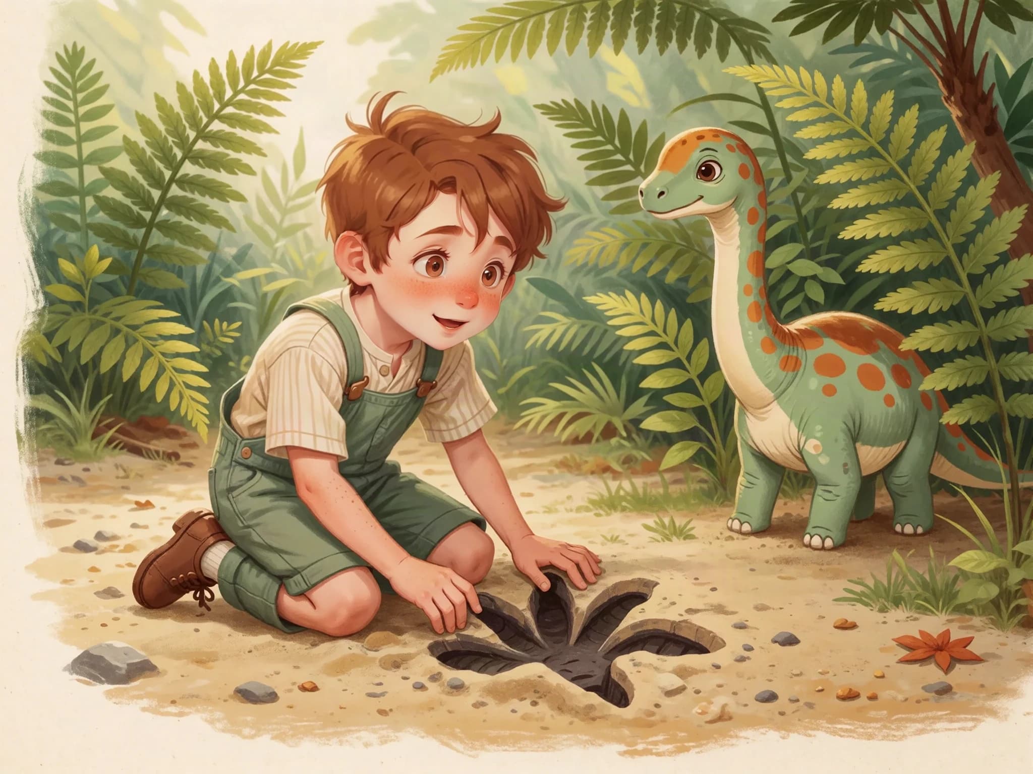 Theo discovers a large dinosaur footprint in the sandy garden.