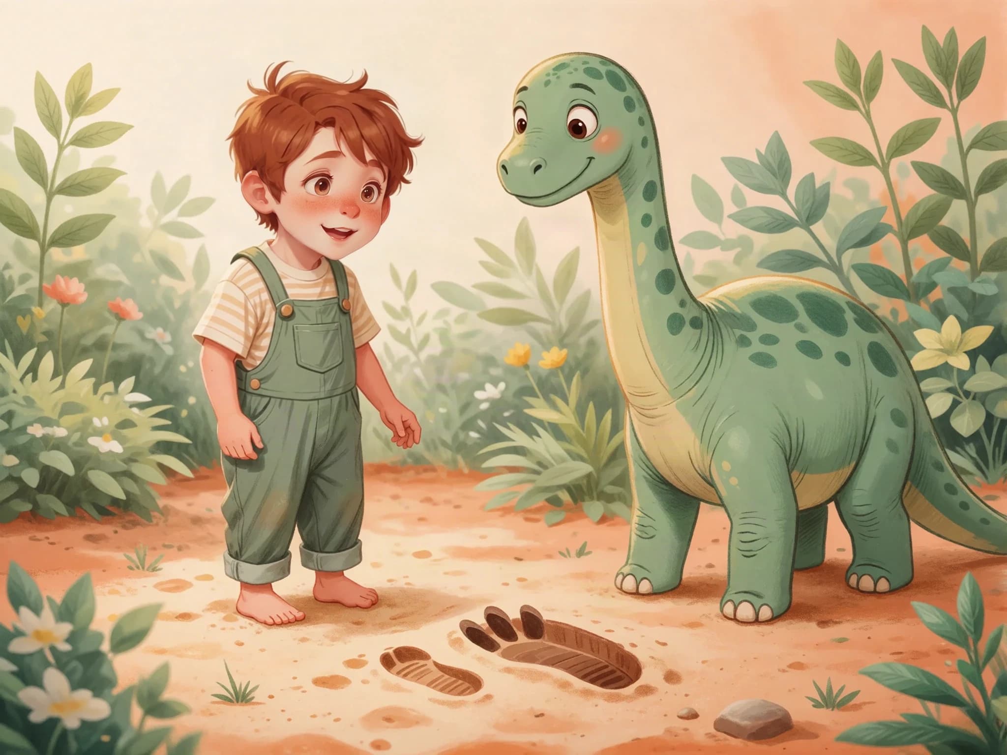 Theo compares his small footprint with the dinosaur's larger footprint.