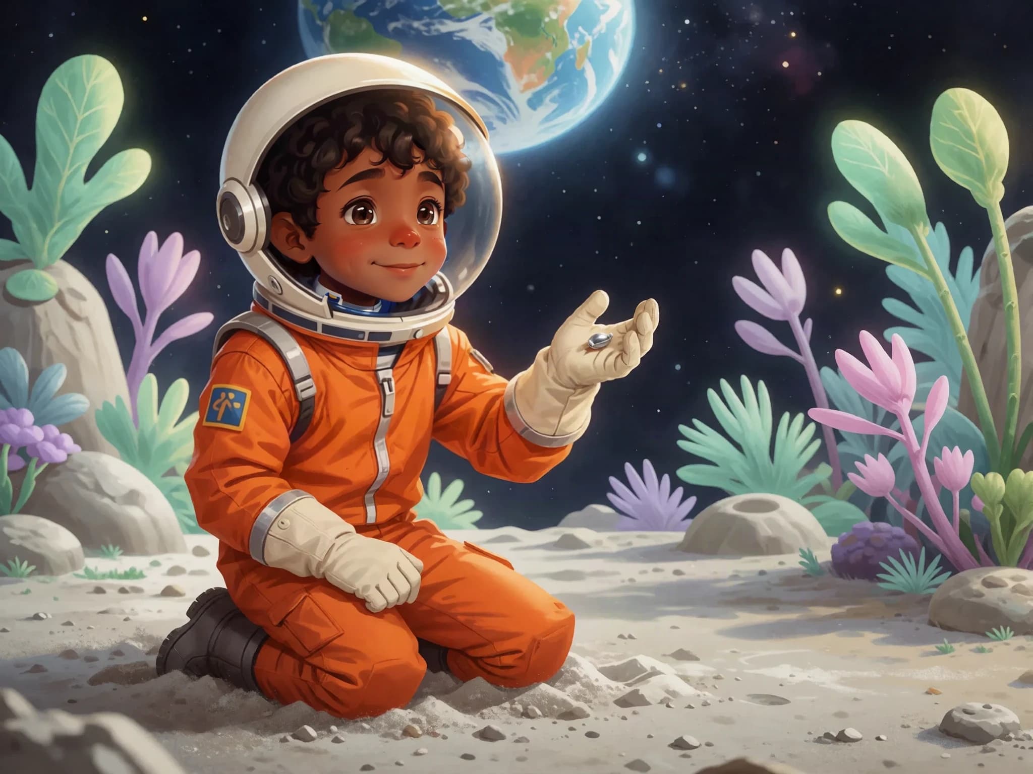 Leo examines a tiny silver seed in his gloved hand on the Moon.