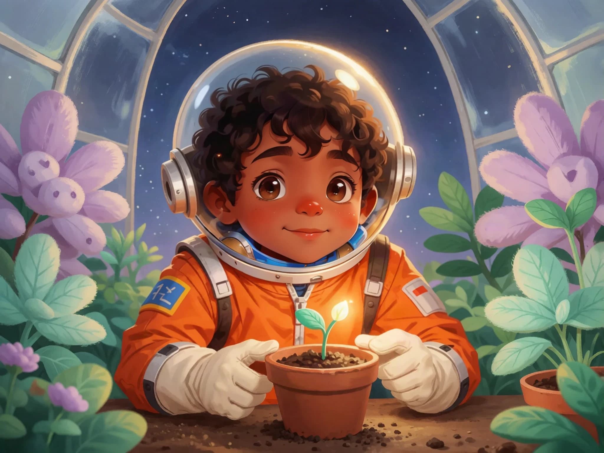 Leo smiles at the first mint-green shoot growing from his pot.