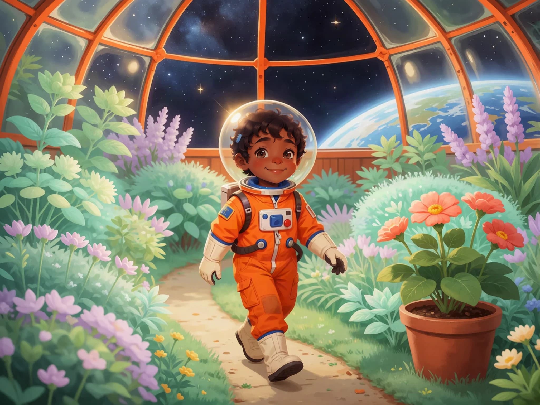 Leo explores the glowing garden he grew inside the lunar greenhouse.
