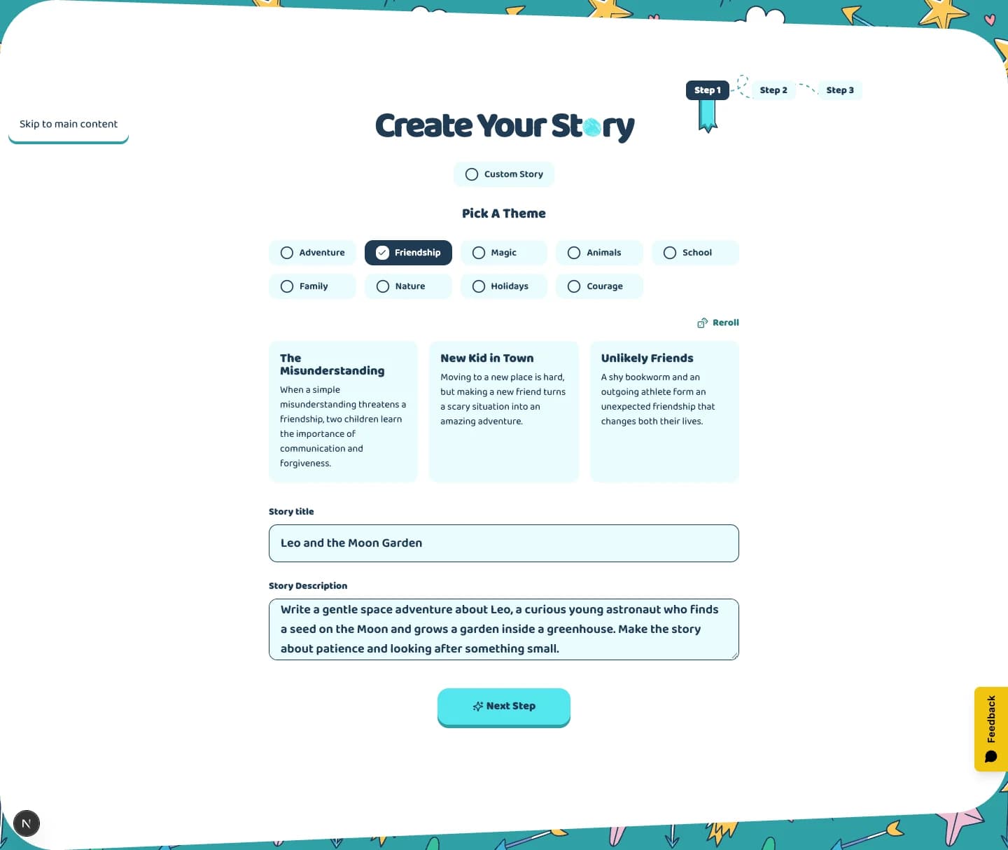Childbook creation flow showing the story brief and character setup