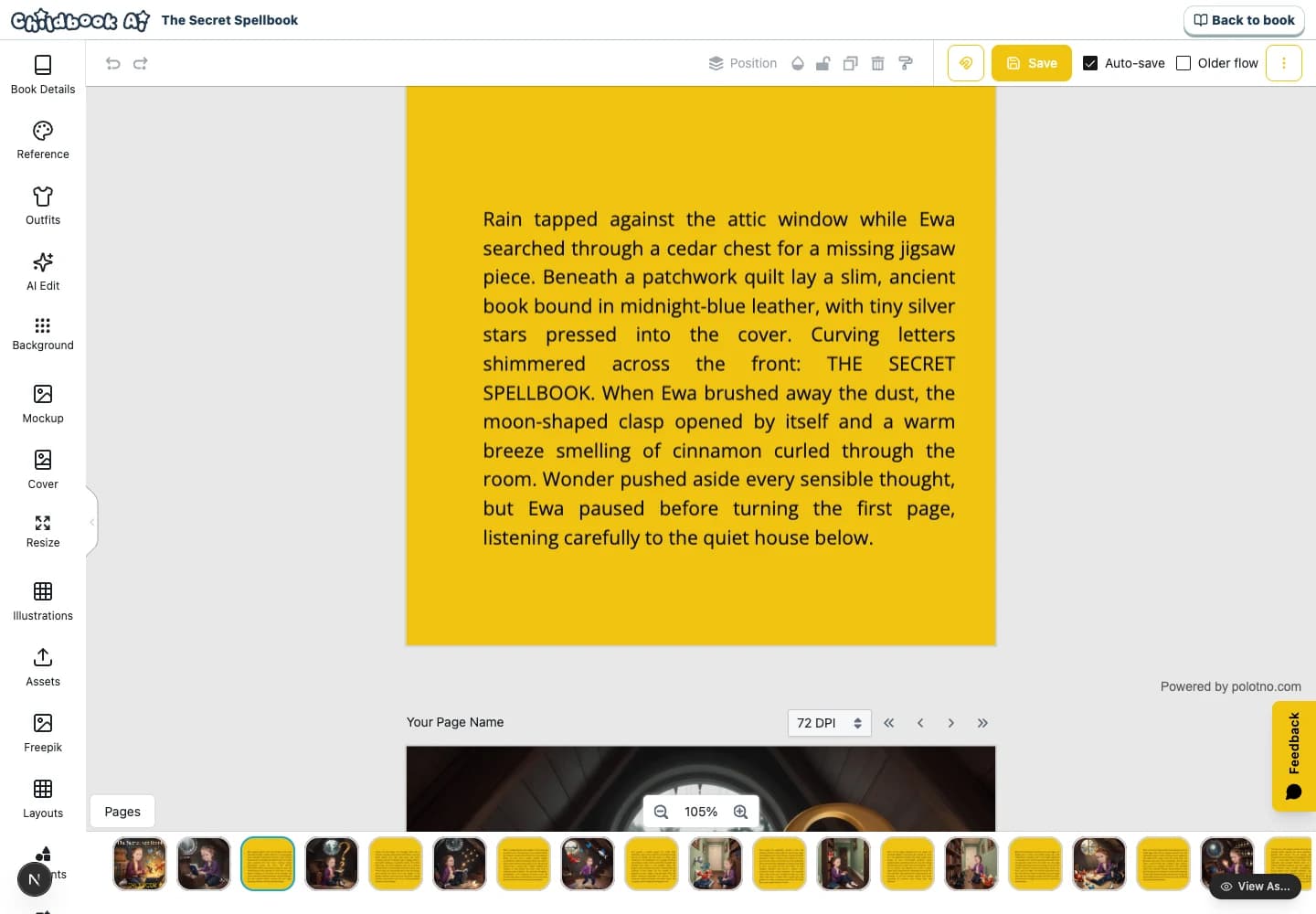 Childbook book editor with editable text for a personalized learning story
